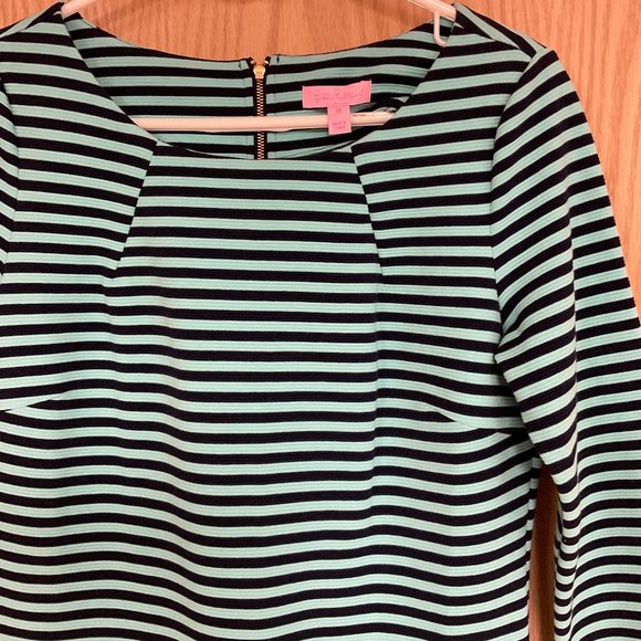 Lilly Pulitzer Green Teal & Dark Blue Striped Knee Length Dress Sz Med. - Picture 2 of 3